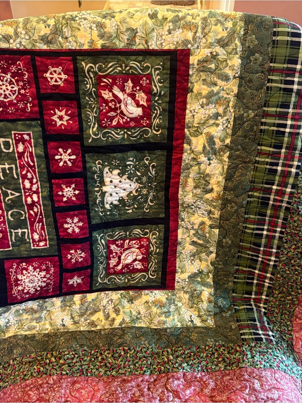 Handmade Christmas Quilt Throw Lap Quilt 75x48 Peace Noel Dove Holly Patchwork